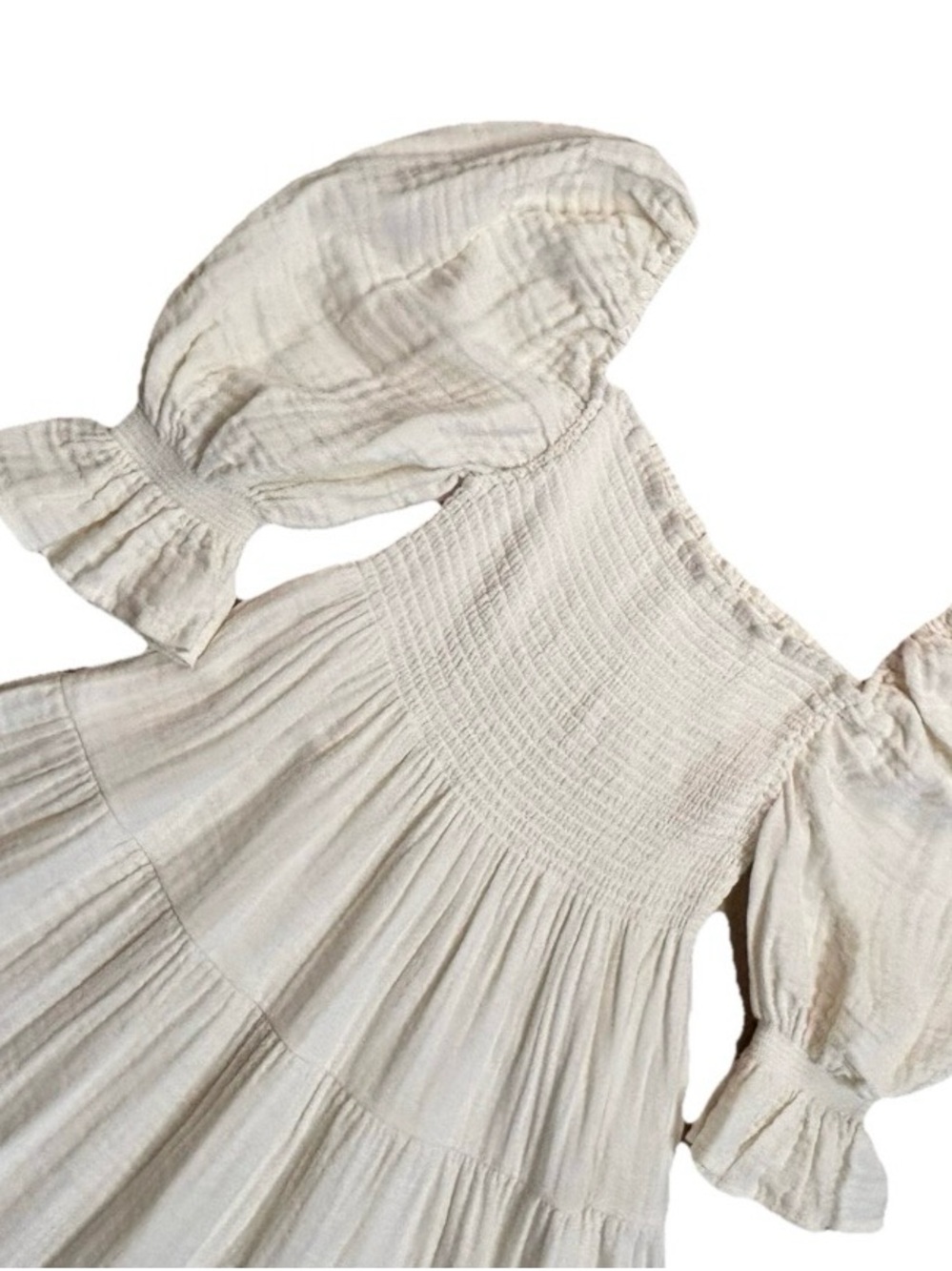 Nothing Fits But Cream Midi Dress L White Cotton Smocked Puff Sleeve Cottagecore - Picture 3 of 9